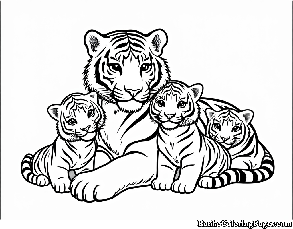 Baby Tigers With Mother Tiger Coloring Page For Children