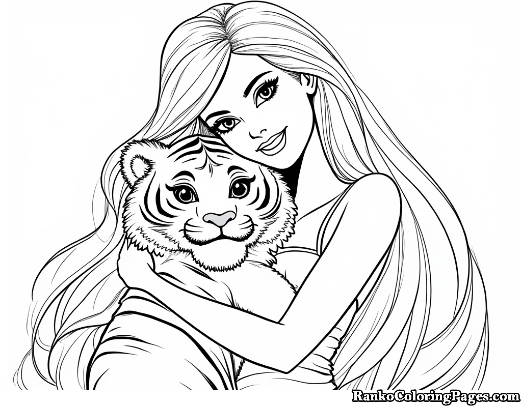 Barbie Hugging Tiger Coloring Sheet For Teens