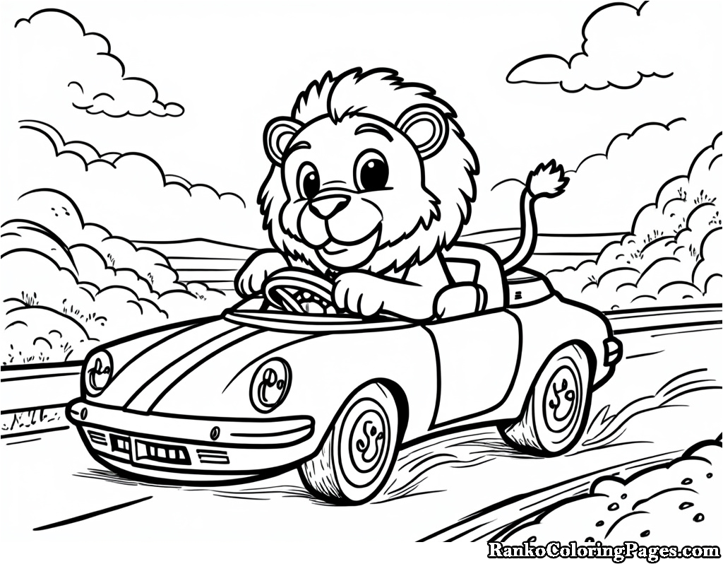 Cute Lion Driving Car Coloring Sheet