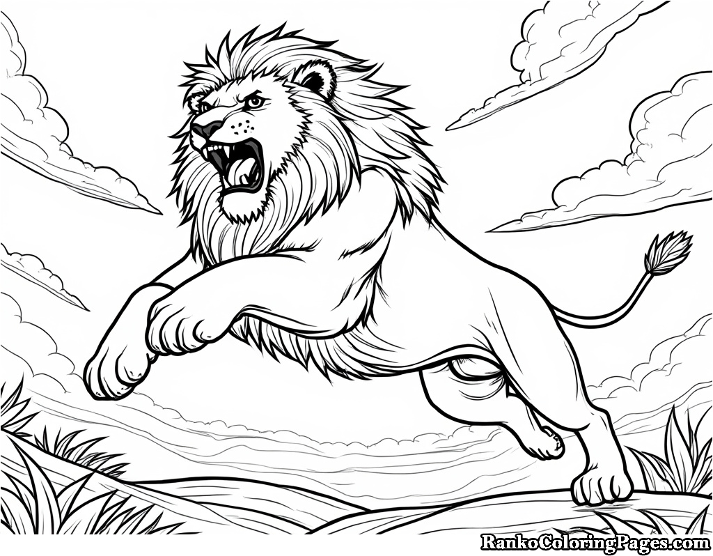 Fierce Jumping Lion Coloring Page For Adults