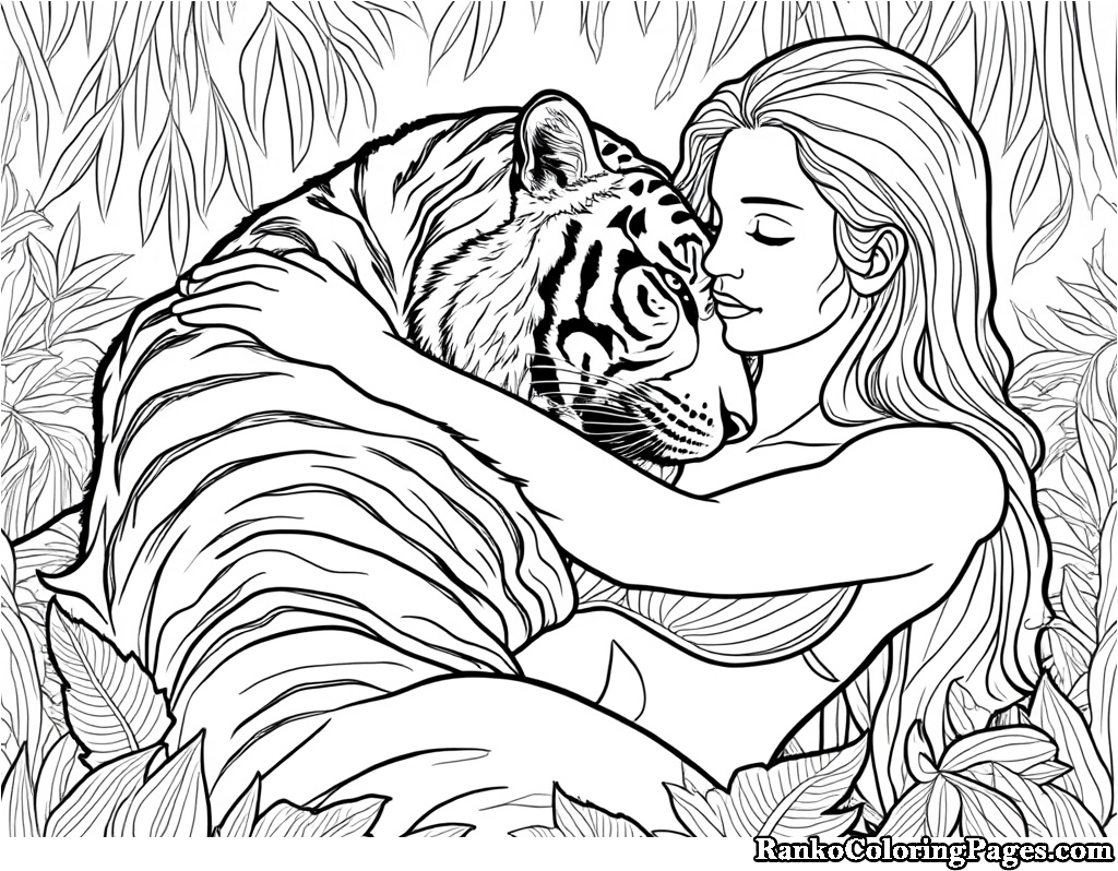 Girl Caring Tiger Coloring Page For Adults