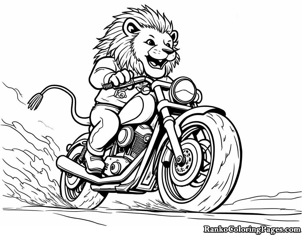 Happy Lion Driving Bike Page For Coloring