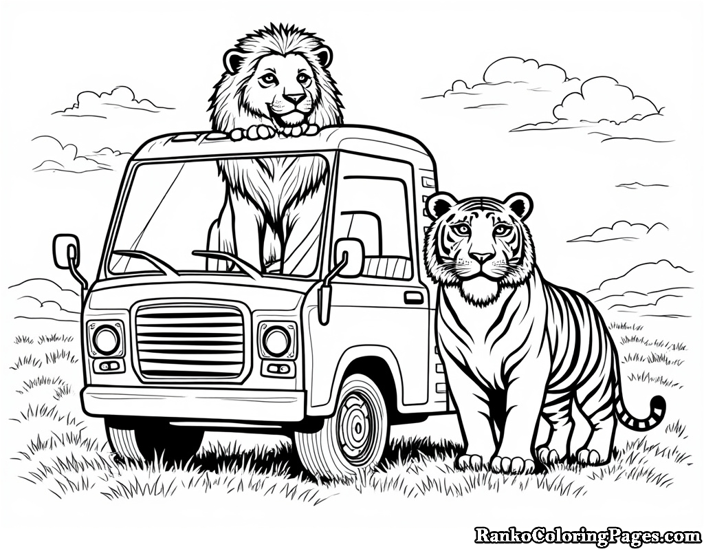 Lion In Safari Car Coloring Page For Children