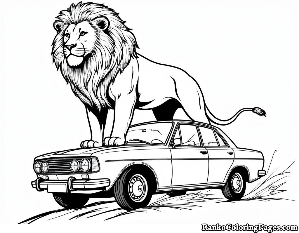 Lion On Car Coloring Page For Kids