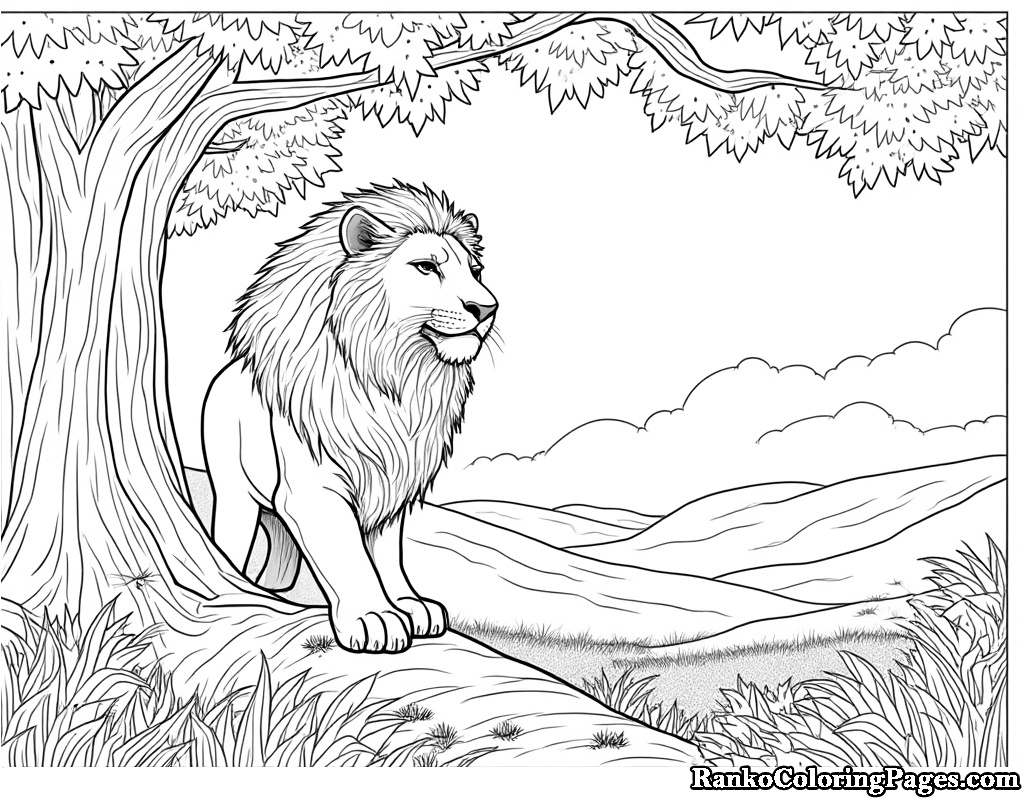 Lion Scenery In Forest For Coloring