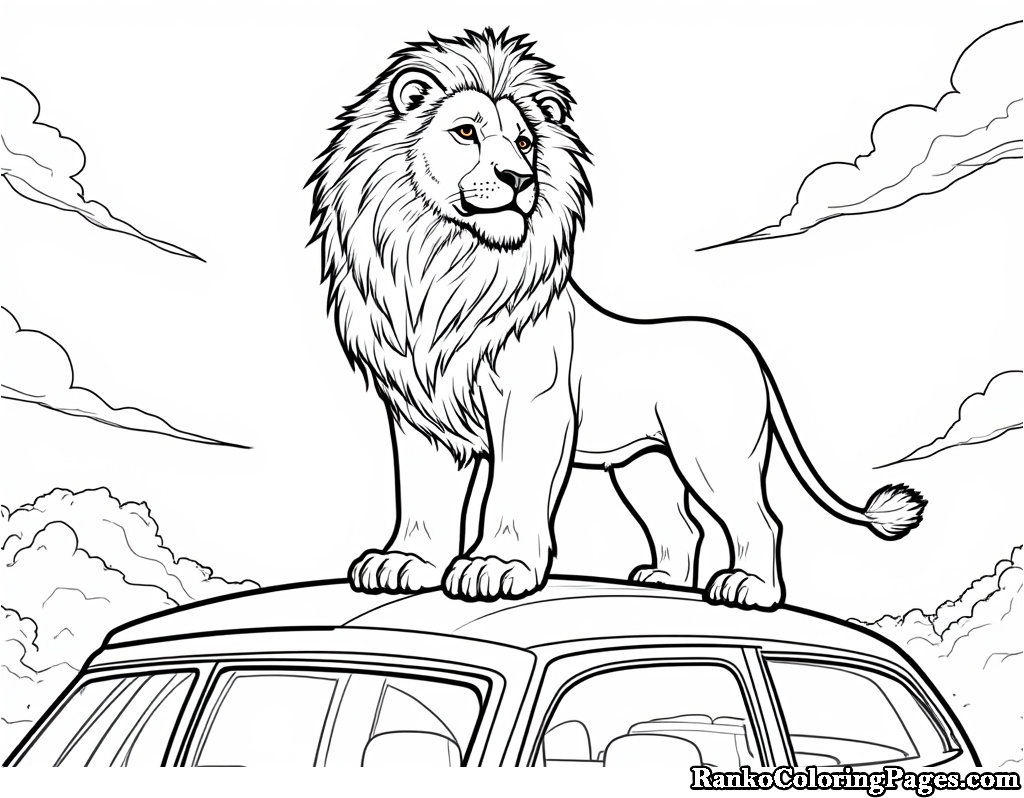 Lion Standing On Car Roof Coloring Sheet