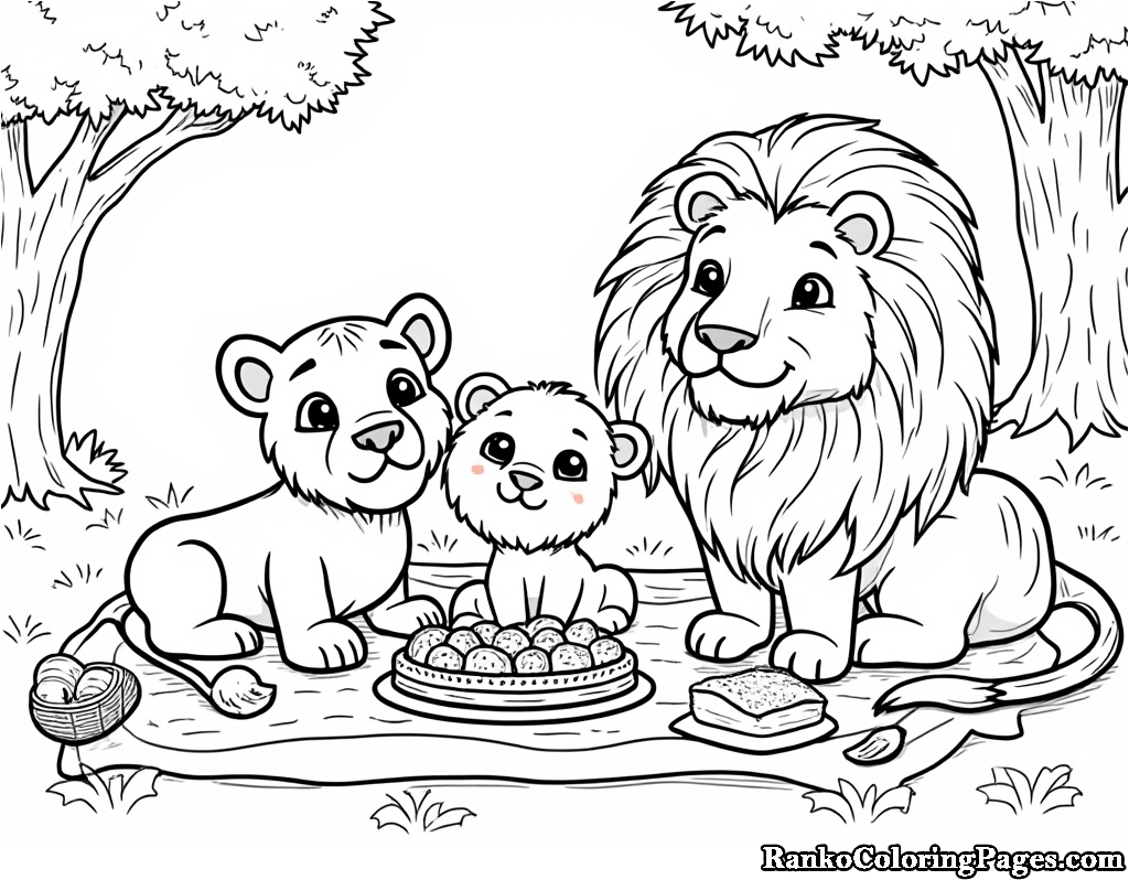 Lion With Cubs Picnic Coloring Page For Kids