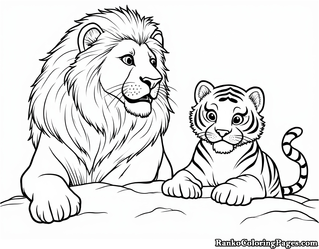 Lion With Tiger Cub Coloring Page