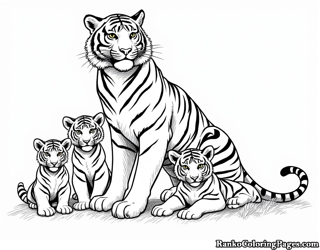 Mother Tiger With 3 Cubs Coloring Paper