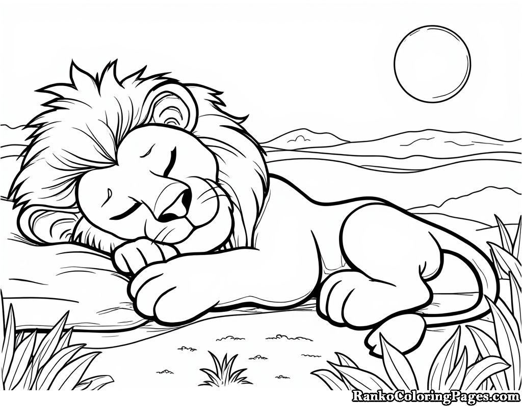 Sleeping Lion At Night Coloring Page