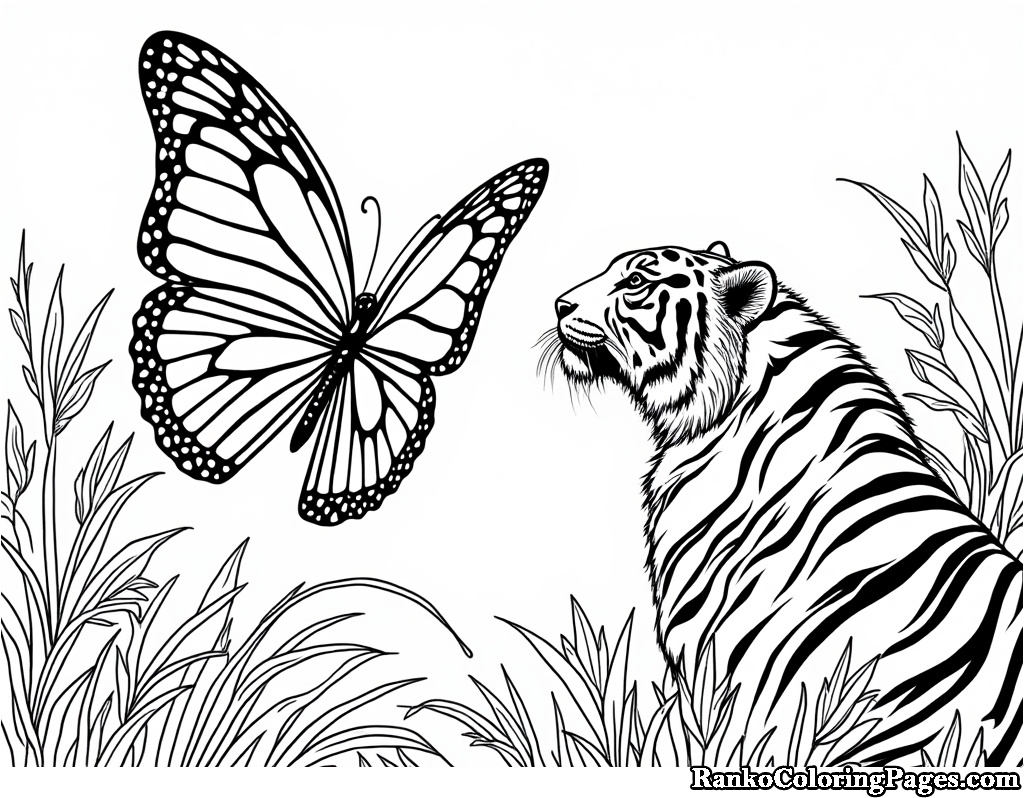 Tiger And Butterfly Coloring Sheet