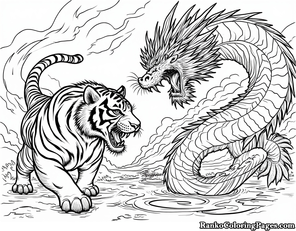 Tiger And Dragon Coloring Paper For Teens