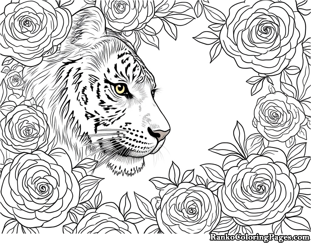 Tiger And Roses Coloring Page