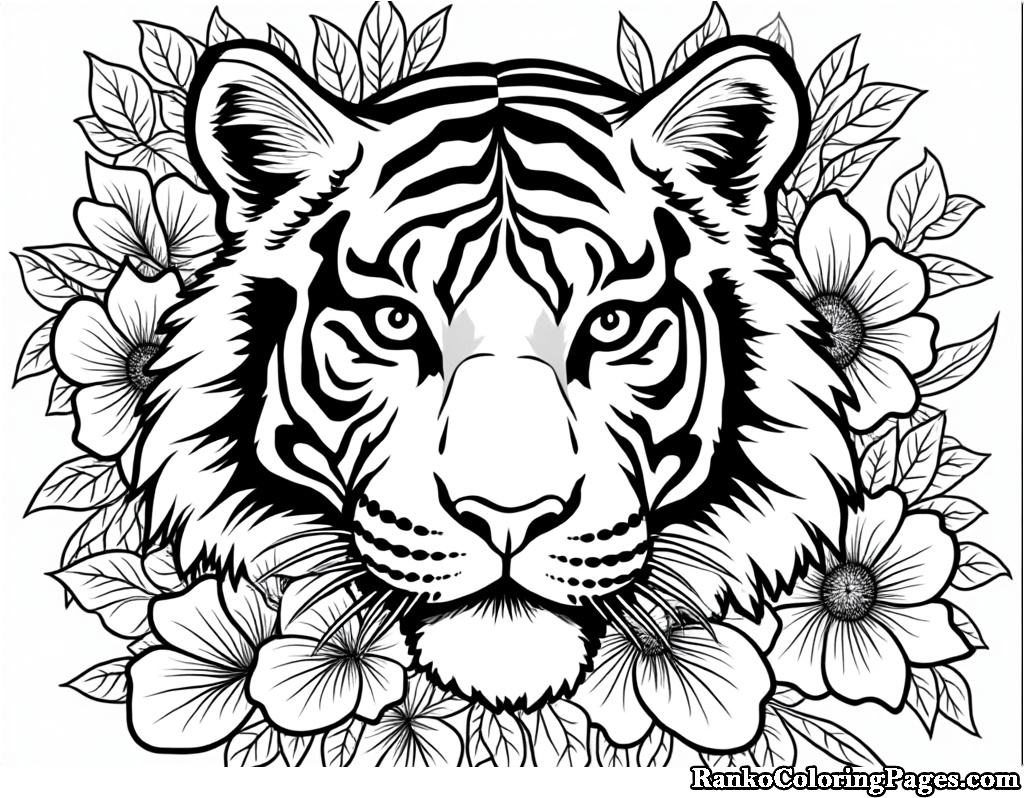 Tiger Face With Flowers Printable Page