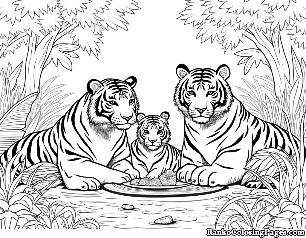 Tiger Family Picnic Coloring Image