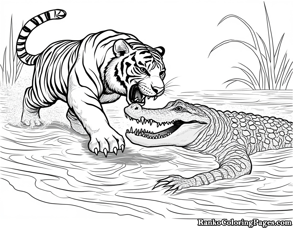 Tiger Fighting Crocodile In Water Printable Page