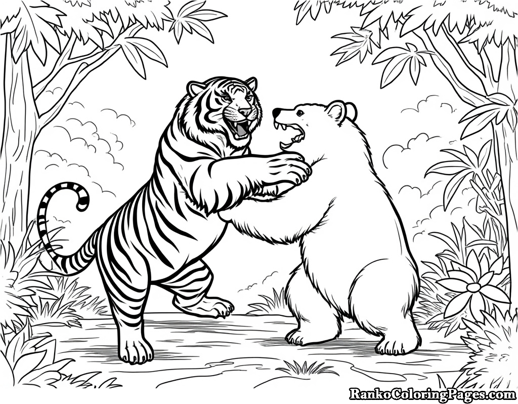 Tiger Fighting Grizzly Bear Coloring Sheet