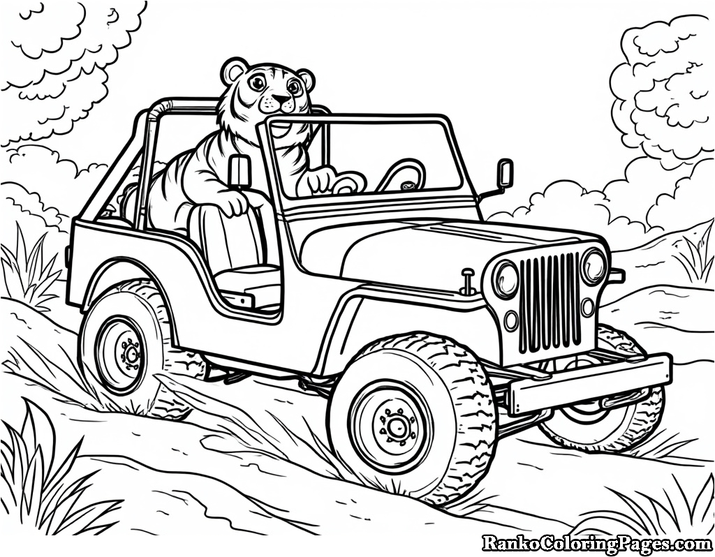 Tiger Sitting In Open Jeep Coloring Page For Kids