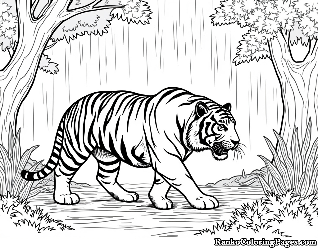 Tiger Walking In Rain Forest Coloring Page