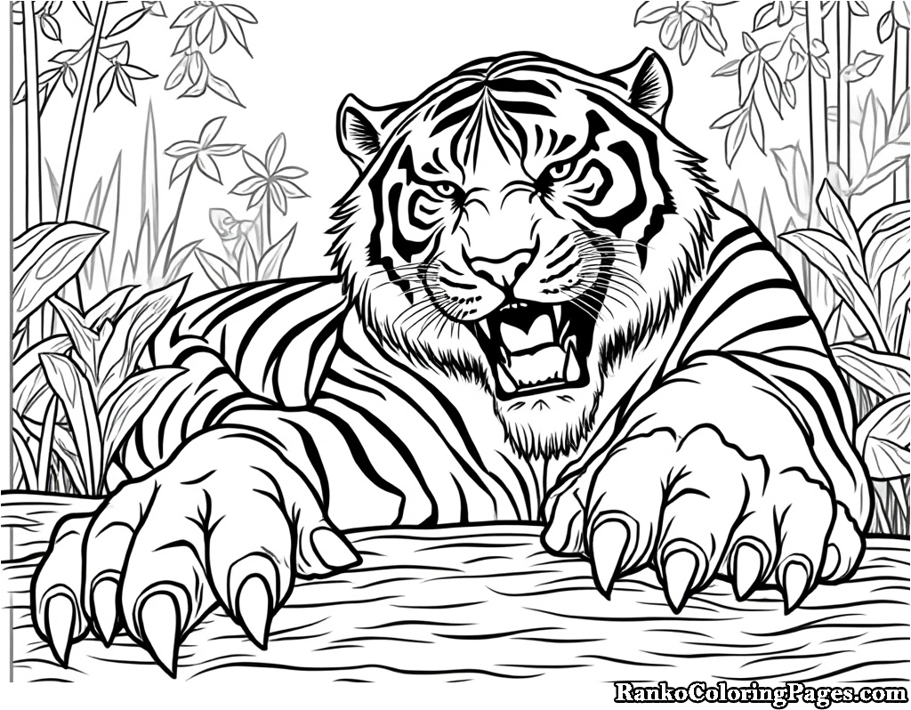 Tiger With Big Nails In Jungle Coloring Page