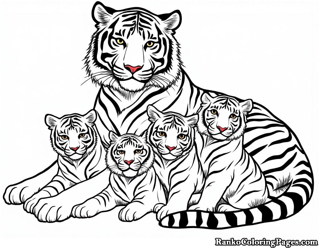 Tigress With 4 Cubs Coloring Page For Kids